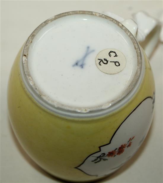 A Meissen yellow ground barrel shaped mustard pot, mid 18th century, height 2.75in.